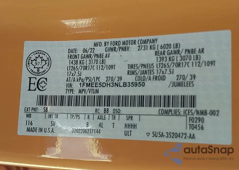 2022 Ford Bronco Black Diamond z USA, uszkodzony, nr VIN 1FMEE5DH3NLB35950